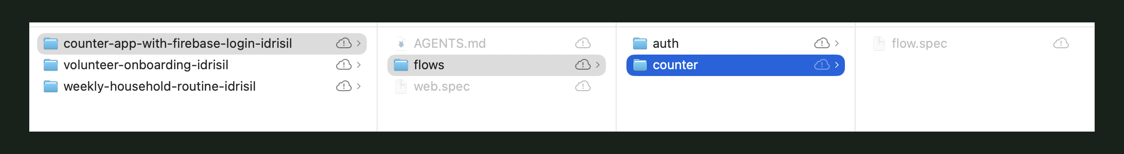 Finder window showing an Idrisil library as plain folders and .spec files